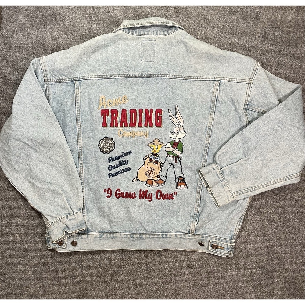 Vintage Looney Tunes Demin Trucker Jacket Sz XL Embroidered Bugs Tweety VTG 90's